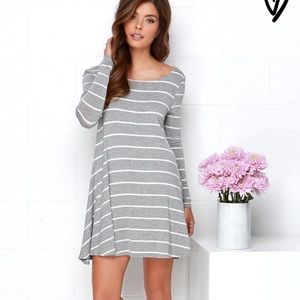 Lulus swing along ivory and grey striped dress